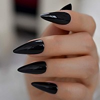 Elevenail False Nails Glossy Solid Black Long Stiletto Press On Nails Reusable Wearable Fake Acrylic Nail Art Tips Salon Diy Man