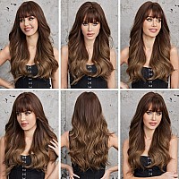 EMMOR Ombre Brown Wigs for Women Long Curly Wigs with Bangs Wave Heat Resistant Synthetic Wigs Soft Natural Looking