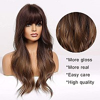 EMMOR Ombre Brown Wigs for Women Long Curly Wigs with Bangs Wave Heat Resistant Synthetic Wigs Soft Natural Looking