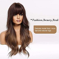 EMMOR Ombre Brown Wigs for Women Long Curly Wigs with Bangs Wave Heat Resistant Synthetic Wigs Soft Natural Looking