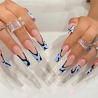 Mervf Coffin Press On Nails Long Fake Nails Blue French Tip Ballerina Acrylic Nails Black 24Pcs Glossy False Nails With Design G