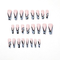 Mervf Coffin Press On Nails Long Fake Nails Blue French Tip Ballerina Acrylic Nails Black 24Pcs Glossy False Nails With Design G