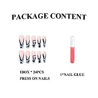 Mervf Coffin Press On Nails Long Fake Nails Blue French Tip Ballerina Acrylic Nails Black 24Pcs Glossy False Nails With Design G