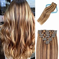 Lorien Clip In Hair Extensions Real Human Hair 22 Inch 110G 427 Chocolate Brown To Caramel Blonde Clip In 100 Brazilian Rem