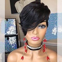 PangDongLai Pixie Cut Wigs for Black Women Human Hair Short Cut Bob Wig Brazilian Human Hair Wigs Side Part Pixie HairCut Wigs Glueless Wigs (1B Color)