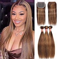 Haha 427 Highlight Blonde Bundles With Closure Human Hair Straight Ombre Bundles With Closure Brazilian Virgin Hair Weave Bundl