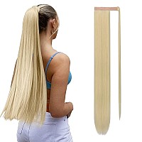 Sofeiyan Long Straight Ponytail Extension 32 inch Wrap Around Ponytail Synthetic Hair Extensions Clip in Ponytail Hairpiece for Women, Bleach Blonde