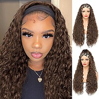 Headband Wig Brown Headband Wigs for Black Women Synthetic Long Loose Wavy Hair Glueless Headband Wigs Curly Wigs for Women Half Wigs with Headbands Attached (28 inch,28B)