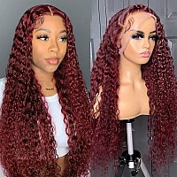 Pizazz 99J Burgundy Deep Wave Lace Front Wigs Human Hair Pre Plucked 13x4 HD Transparent Lace Frontal Wigs with Baby Hair 180 Density Human Hair Wigs for Black Women(22 Inch)