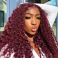 Pizazz 99J Burgundy Deep Wave Lace Front Wigs Human Hair Pre Plucked 13X4 Hd Transparent Lace Frontal Wigs With Baby Hair 180 De