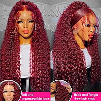 Pizazz 99J Burgungy Deep Wave Lace Front Wigs Human Hair Pre Plucked 13X4 Hd Transparent Lace Frontal Wigs With Baby Hair 180 De