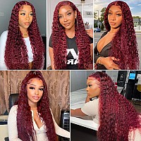 Pizazz 99J Burgungy Deep Wave Lace Front Wigs Human Hair Pre Plucked 13X4 Hd Transparent Lace Frontal Wigs With Baby Hair 180 De