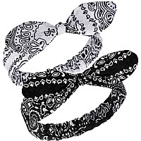 2 Pieces Bandana Headband For Women Knot Retro Print Headbands Paisley Print Headband Headwrap Adjustable Headwrapwhite Black