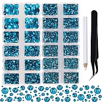 2-Box Massive Beads 8000pcs 6Sizes Nail Art Flatback Glasses Rhinestones Crystal for DIY Project with Tweezers and Picking Pen for Nail Art, Face Art, Manicure (Peacock Blue, 6 Sizes)