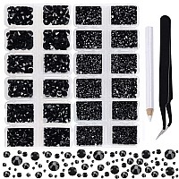 2-Box Massive Beads 8000pcs 6Sizes Nail Art Flatback Glasses Rhinestones Crystal for DIY Project with Tweezers and Picking Pen for Nail Art, Face Art, Manicure (Jet Black, 6 Sizes)