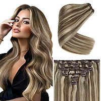 Ve Sunny Clip In Human Hair Extensions Highlights 24Inch Remy Hair Clip In Extensions Brown Blonde Real Hair Extensions Clip In