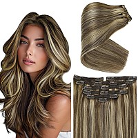 Ve Sunny 22Inch Clip In Hair Extensions Real Human Hair Brown Highlights Clip In Hair Extensions Brown Blonde Human Hair Clip In