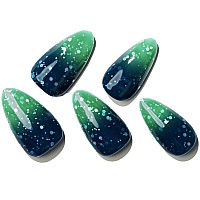 Glamermaid Thermochromic Press On Nails Mediumhandmade Short Almond Fake Nails Coffin With Star Glitter Design Temperature Col