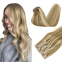 Doores Clip In Hair Extensions Human Hair 10Pcs 155G Balayage Light Blonde Highlighted Golden Blonde 14 Inch Human Hair Extensi