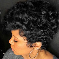 Moonshow Short Pixie Cut Wigs For Black Women Natural Black Pixie Cut Wigs With Bangs Short Curly Pixie Cut Wigs For Black Women