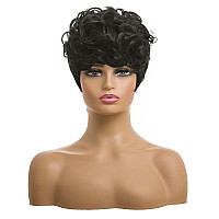 Moonshow Short Pixie Cut Wigs For Black Women Natural Black Pixie Cut Wigs With Bangs Short Curly Pixie Cut Wigs For Black Women