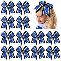 12 Pcs 8 Large Glitter Cheer Bows Blue Black Girl Hair Bows Sparkly Cheerleading Softball Team Bow Hair Accessories For Cheerl