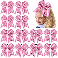 12 Pcs 8 Large Glitter Cheer Bows Pink Girl Hair Bows Sparkly Cheerleading Softball Team Bow Hair Accessories For Cheerleaders