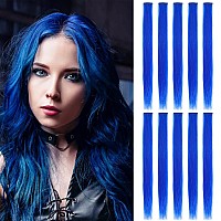 Colored Hair Extensions Sleekcute, 10 Pcs Straight with Sapphire Blue, Clip in Synthetic Hairpieces 22Inch, Party Hightlight Colorful Hair Streak Halloween Christmas Cosplay Gifts