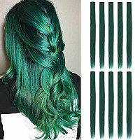 Colored Hair Extensions Sleekcute, 10 Pcs Straight with Polaris Green, Clip in Synthetic Hairpieces 22Inch, Party Hightlight Colorful Hair Streak Halloween Christmas Cosplay Gifts