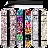 3 Boxes Of Flat Back Nail Art Crystal Rhinestonespearl Set 7 Colorfulab Rhinestonehalf Round Whitebeige Pearl With Picker Pe