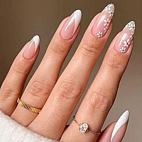 Yosomk Cute Medium Fake Nails Almond Shaped Press On Nails With White Flower Design Glossy Glue On Static Nails French Tip Stick