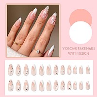 Yosomk Cute Medium Fake Nails Almond Shaped Press On Nails With White Flower Design Glossy Glue On Static Nails French Tip Stick