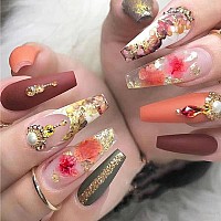 Magrace Extra Long Press On Nails Coffin Fake Nails Brown French Tips False Nails With Designs 24 Pcs Stick On Nails For Women