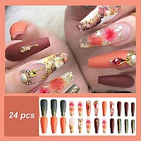 Magrace Extra Long Press On Nails Coffin Fake Nails Brown French Tips False Nails With Designs 24 Pcs Stick On Nails For Women