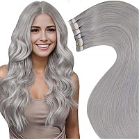 Laavoo Silver Tape In Hair Extensions Human Hair Grey Tape In Extensions Human Hair For Short Hair Grey Hair Extensions Tape In Remy Straight 14 Inch 20Pcs/50G