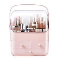 Sunficon Pink Makeup Organizer Holder Cosmetic Storage Box With Dust Free Cover Portable Handlefully Open Waterproof Lid Dust