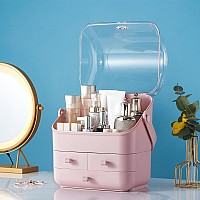 Sunficon Pink Makeup Organizer Holder Cosmetic Storage Box With Dust Free Cover Portable Handlefully Open Waterproof Lid Dust