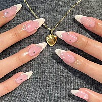 Docvoeomh French Tips Press On Nails Almond Shaped White Fake Nails With Rhinestones Design Medium Length Acrylic Glue On False