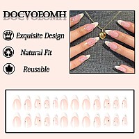 Docvoeomh French Tips Press On Nails Almond Shaped White Fake Nails With Rhinestones Design Medium Length Acrylic Glue On False