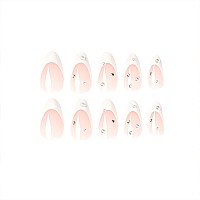 Docvoeomh French Tips Press On Nails Almond Shaped White Fake Nails With Rhinestones Design Medium Length Acrylic Glue On False