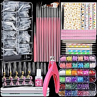 Acrylic Fake Nails Kit, Teenitor Press On Nail Supplies with Clear Coffin Nail Tips Nail Stand Nail Art Brushes Dotting Pen Glitter Sequins Stickers Rhinestones Nail Art Decorations Press On Nail Starter Kit