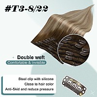 Full Shine Brown Ombre Clip In Hair Extensions Real Human Hair 18 Inch Dark Brown To Light Brown With Light Blonde Hair Extensio