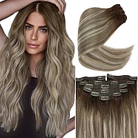 Ve Sunny Balayage Clip In Hair Extensions Dark Brown Ombre Light Brown With Blonde Balayage Clip In Human Hair Extensions Brown