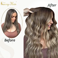 Ve Sunny Balayage Clip In Hair Extensions Dark Brown Ombre Light Brown With Blonde Balayage Clip In Human Hair Extensions Brown