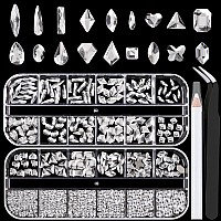 18 Styles Multi-shaped Glass Gemstones for Nails and 6 Sizes Round Crystal Rhinestones Kit #2, Clear Transparent White Nail Art Charm Bead Manicure Decoration with Pickup Pencil and Tweezer