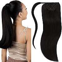 Lacerhair Straight Warp Around Ponytail Hair Extensions With Comb Human Hair Pieces For Women Ponytail 20 Inch 90G Natural Black