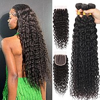 Water Wave Human Hair Bundles With Closure22 24 26 2820 Free Part12A Brazilian Virgin Hair 4 Bundles And Closure 100 Unproce