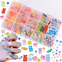 Edittime 200Pcs Kawaii Colorful Resin Acrylic 3D Gummy Bear Multisized Heart Star Nail Charms With 300Pcs Snowflake Heart Star