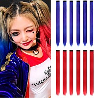 12PCS Colored Red and Blue Hair Extensions 22 Inch Colorful Clip in Hair Extensions Straight Synthetic Hairpiece for Women Kids Girls Halloween Christmas Cosplay, (Red+Blue)