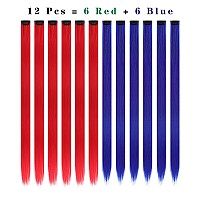 12PCS Colored Red and Blue Hair Extensions 22 Inch Colorful Clip in Hair Extensions Straight Synthetic Hairpiece for Women Kids Girls Halloween Christmas Cosplay, (Red+Blue)